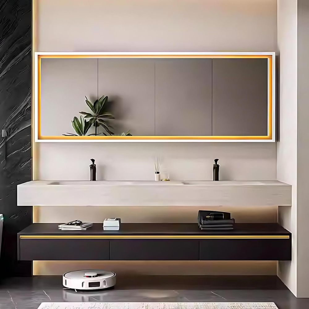 98IN Bathroom Vanity with Sink - Floating Bathroom Vanity with Smart Defog Mirror & Seamless Sink, Modern Sink Cabinet with 3 Drawers, No Assembly Required