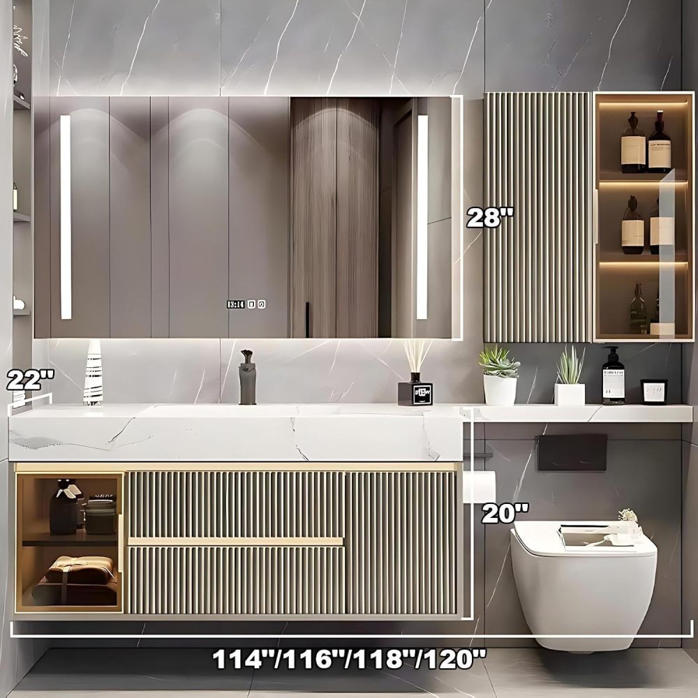 118IN Bathroom Vanity Sink Set - Modern Bathroom Vanity Set Include Smart Defogging Mirror & Side Cabinet & Extended Countertop, Complete Accessorie, Fully Assembled, Gold