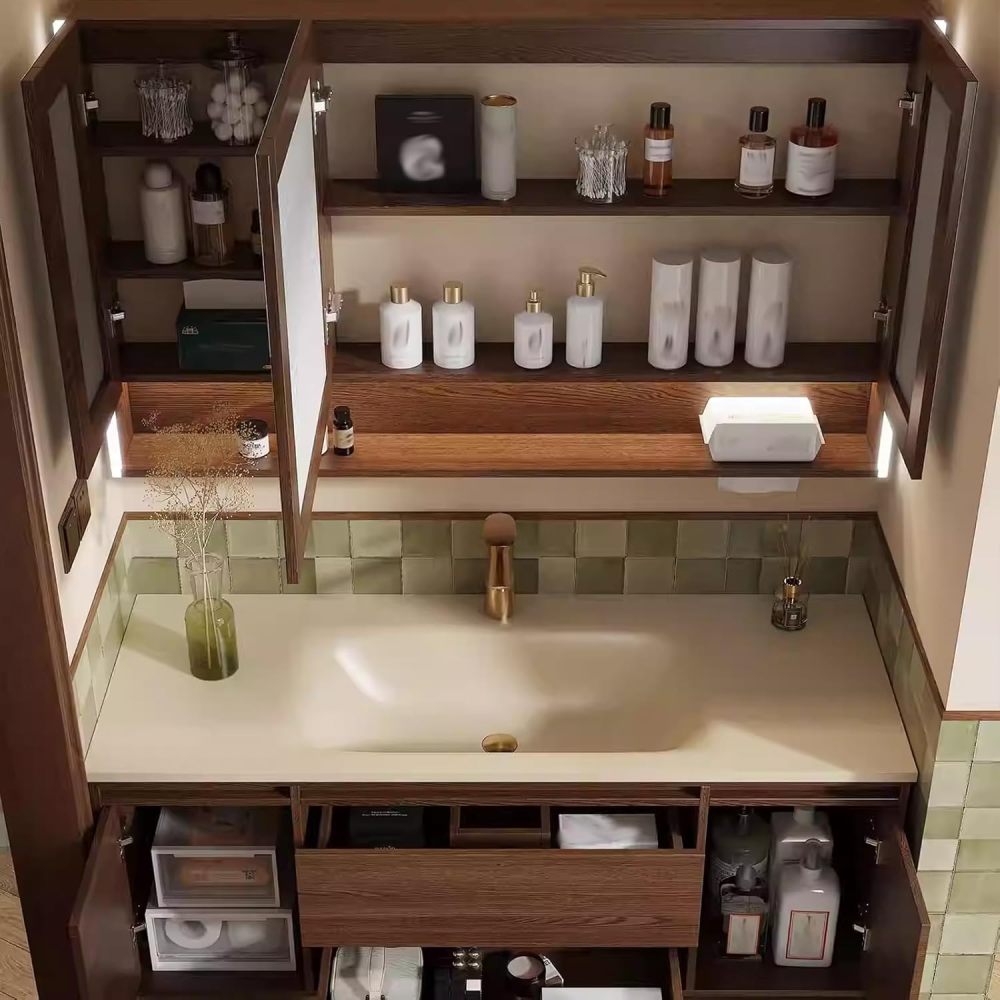 72IN Bathroom Vanity with Sink - Solid Wood Wall-Mounted Bathroom Vanity with Anti-Fog Mirror, 2 Drawers & 2 Cabinets, Complete Accessories, Fully Assembled, A