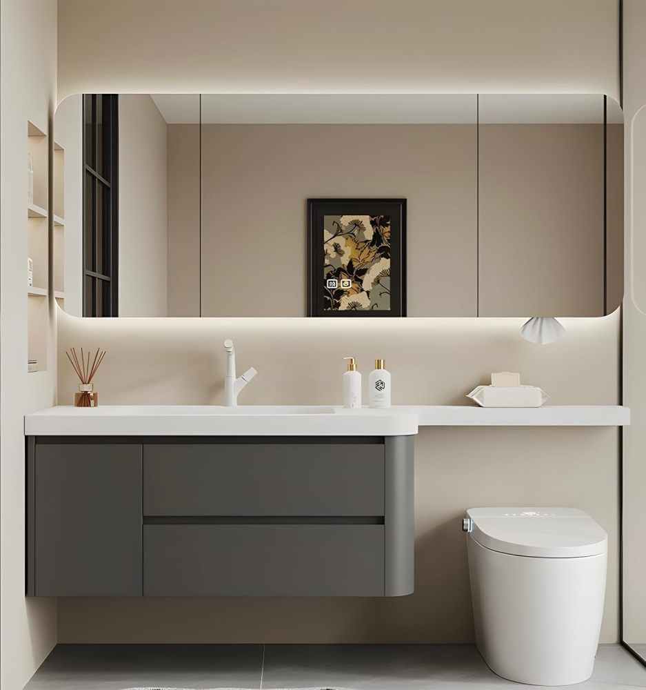 98IN Floating Bathroom Vanity with Sink - Modern Sink Set with Smart Defog Mirror Cabinet & Extended Countertop, Large Storage Space & Soft Closing Doors, Includes Accessories, Grey