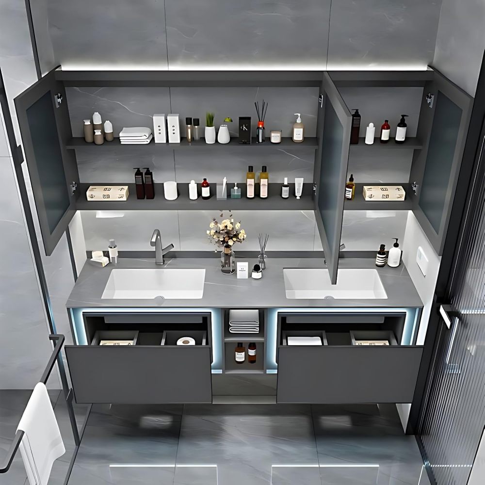 Bathroom Vanity with Sink - Modern Double Sink Bathroom Vanity & Smart Mirror Cabinet Set, Wall Mount | Multi-Layer Solid Wood Material | Suitable for Large Mathrooms(White, 88")