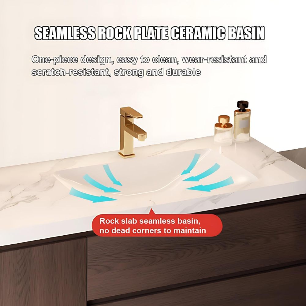 Floating Bathroom Vanity - Modern Bathroom Vanity Set with Seamless Sink & Smart LED Defog Mirror Cabinet, Wall-Mount Makeup Table with Drawers, Includes Makeup Stool (Off-White, 68IN)