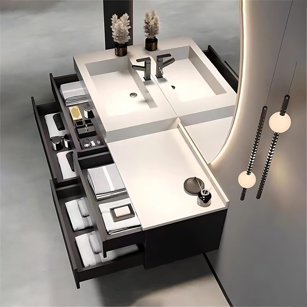 60IN Bathroom Vanity - Modern Bathroom Vanity with Smart Defog Mirror, One-Touch Defog & Lighting, Floating Bathroom Sink Cabinet with 4 Drawers, Multi-Layer Solid Wood Material