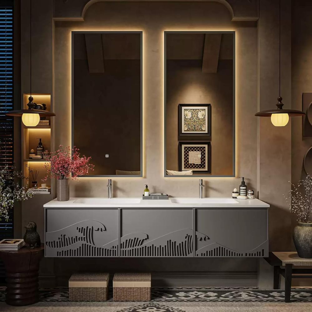 72IN Bathroom Vanity with Sink - Solid Wood Wall-Mounted Bathroom Vanity with Ample Storage, Smart Anti-Fog Mirror & Seamless Basin, Complete Accessorie, Fully Assembled