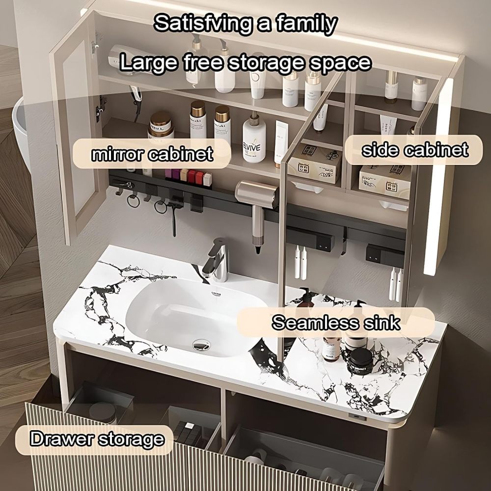 38IN Bathroom Vanity - Modern Bathroom Vanity with 2 Large Capacity Drawers, Simple Sink Cabinet with Smart Defog Mirror, Customizable Size, No Assembly Required, Beige