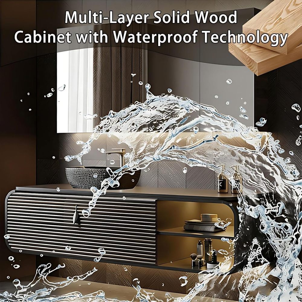 60IN Bathroom Vanity - Luxury Bathroom Vanity with Smart Defog Mirror, One-Touch Defog & Lighting, Floating Sink Cabinet with Drawers and Open Storage Spaces, No Assembly Required