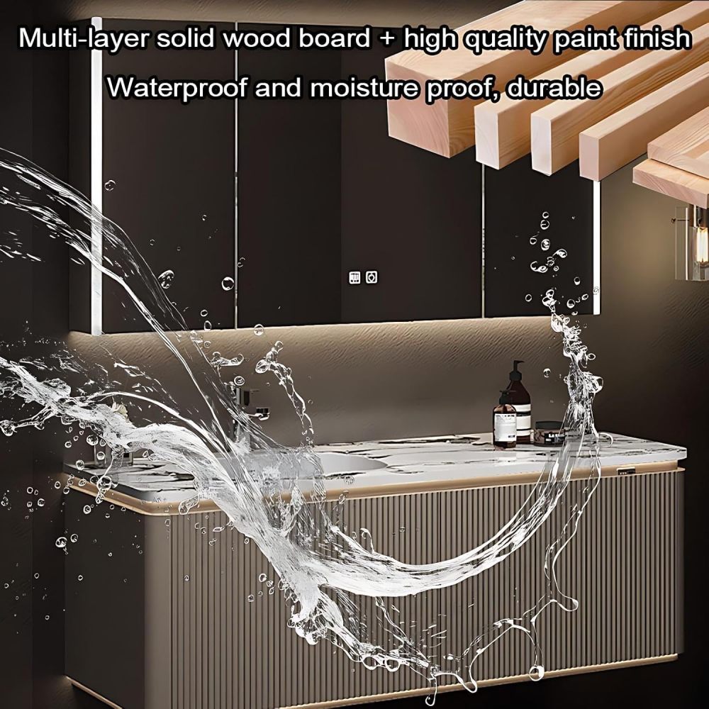 38IN Bathroom Vanity - Modern Bathroom Vanity with 2 Large Capacity Drawers, Simple Sink Cabinet with Smart Defog Mirror, Customizable Size, No Assembly Required, Beige