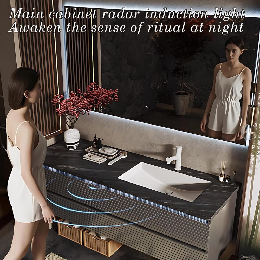 72IN Floating Bathroom Vanity with Sink - Smart Anti-Fog Mirror, 4-Drawer Solid Wood Storage Sink Cabinet, Seamless Basin, Complete Accessories, Fully Assembled, Grey