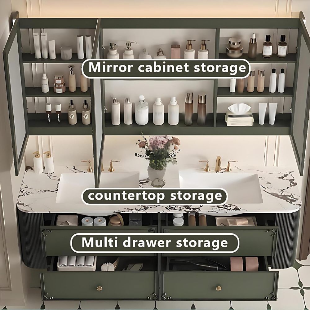 72IN Double Sink Bathroom Vanity - Floating Bathroom Vanity Cabinet with 4 Drawers & Anti-Fog Mirror, Seamless Double Basin Sink Cabinet, Complete Accessories, Fully Assembled, Green B