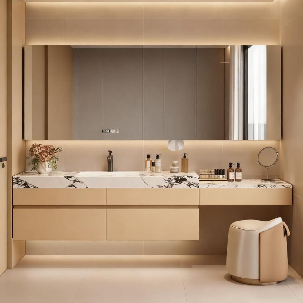 72IN Bathroom Vanity with Sink - Wall-Mounted Bathroom Vanity with Anti-Fog Mirror, Solid Wood Sink Cabinet, Independent Makeup Area, Includes Makeup Stool, Fully Assembled, Khaki