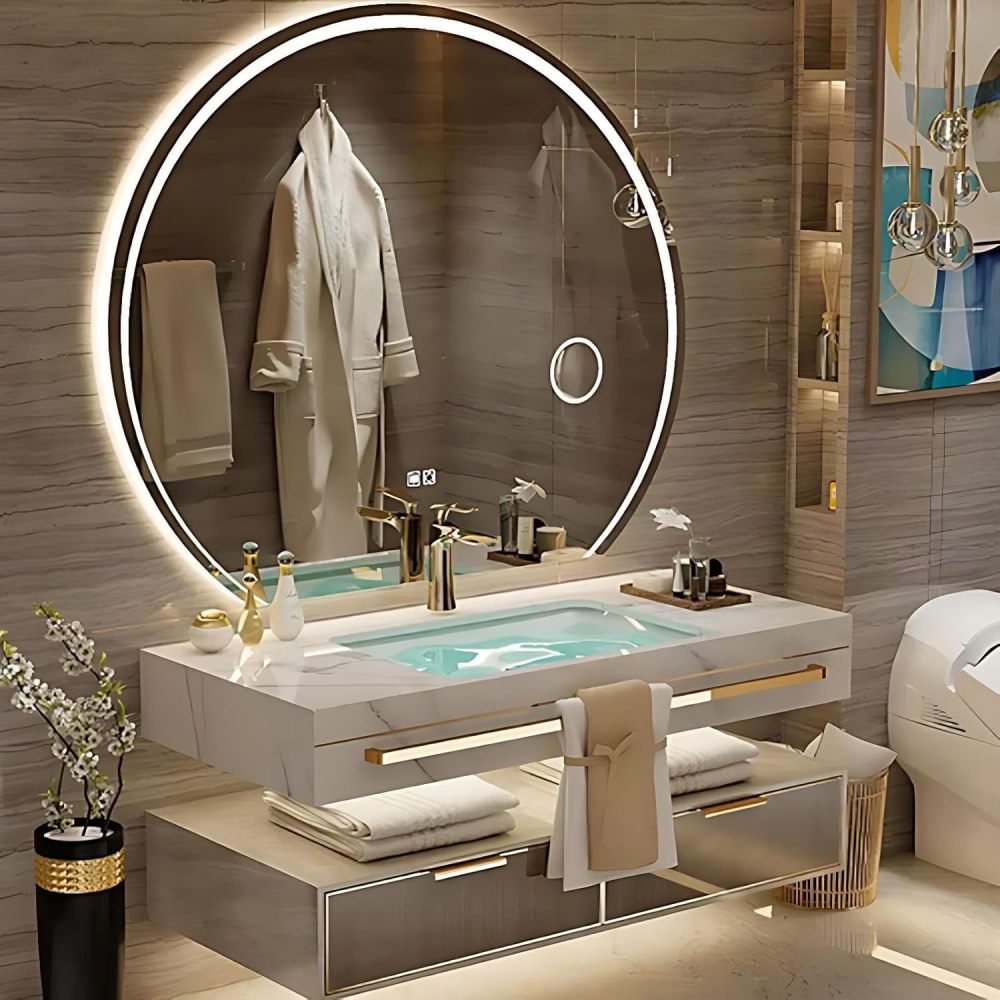 60IN Bathroom Vanity with Sink - Luxury Bathroom Vanity with Smart Defogger Mirror, One-Touch Defog & Lighting, Sink Cabinet with 2 Drawers & TowelRack, Off White - Mirror