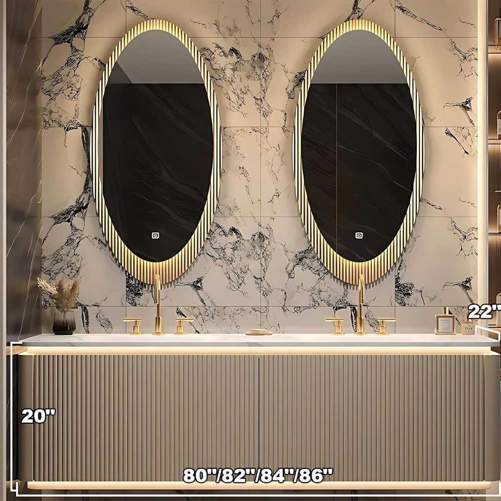 80IN Bathroom Vanity Double Sink - Luxurious Bathroom Vanity Set Includes Smart Defog Mirror with Lights, Striped Vanity Sink Cabinet, Complete Accessorie, Fully Assembled, Gold