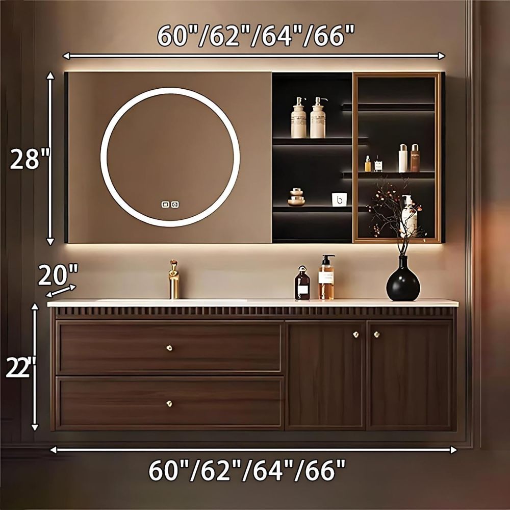 60IN Bathroom Vanity - Solid Wood Bathroom Vanity with Anti-Fog Mirror Cabinet, Floating Sink Cabinet with Multiple Storage Areas, No Assembly Required, Brown