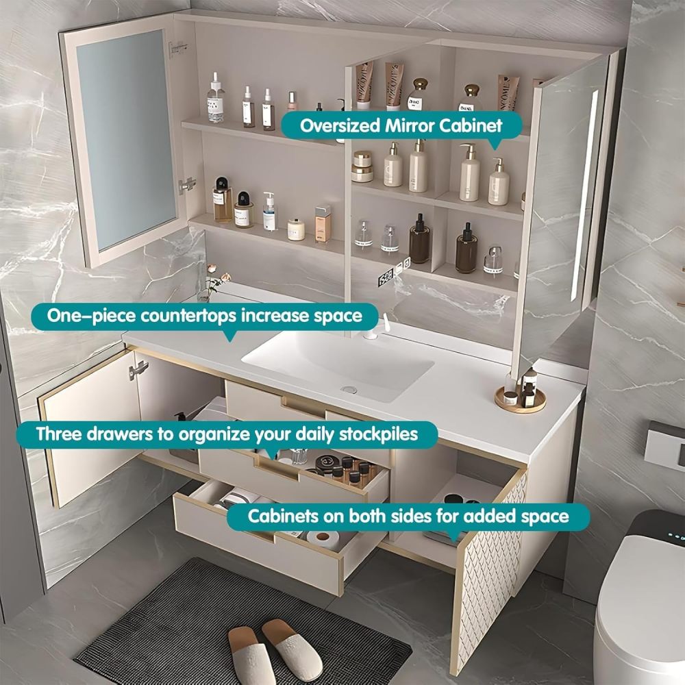 34IN Bathroom Vanity with Sink - Luxury Vanity Sink Set with LED Anti-Fog Mirror & Storage Locker, Floating Bath Vanity with One-piece Countertop, Includes Accessories, Black & Gold