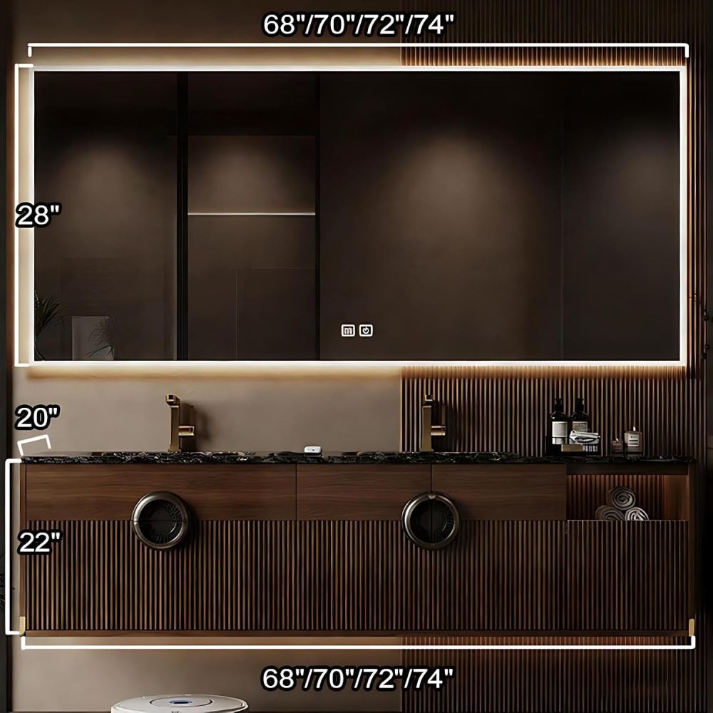 70IN Double Sink Bathroom Vanity - Luxury Bathroom Vanity with Smart Defog Mirror, Solid Wood Sink Cabinet with Multiple Storage Areas & Seamless Sink, No Assembly Required