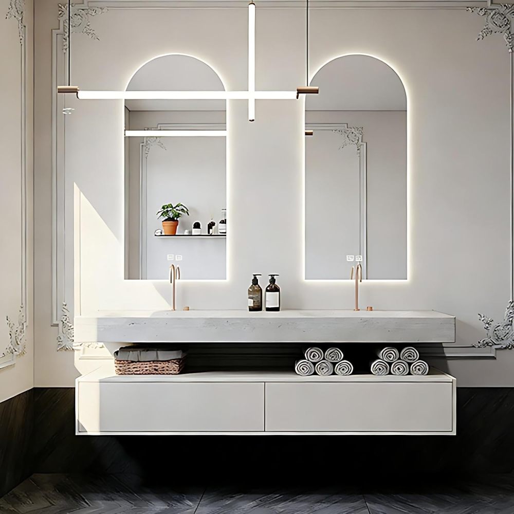 60IN Double Sink Bathroom Vanity - Modern Bathroom Vanity with Smart Defog Mirror, Floating Sink Cabinet with 2 Drawers, Complete Accessories, No Assembly Required, White - Mirror