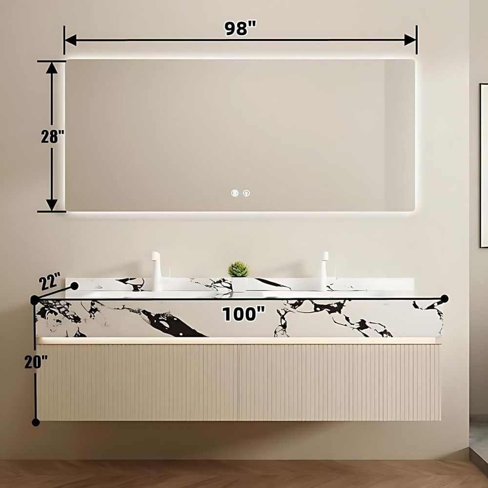 Bathroom Vanity with Sink - Double Sink Bathroom Vanity & Smart Defog Mirror Set | Wall Mount | Multi-Layer Solid Wood Material | Dual Zone Design (100")