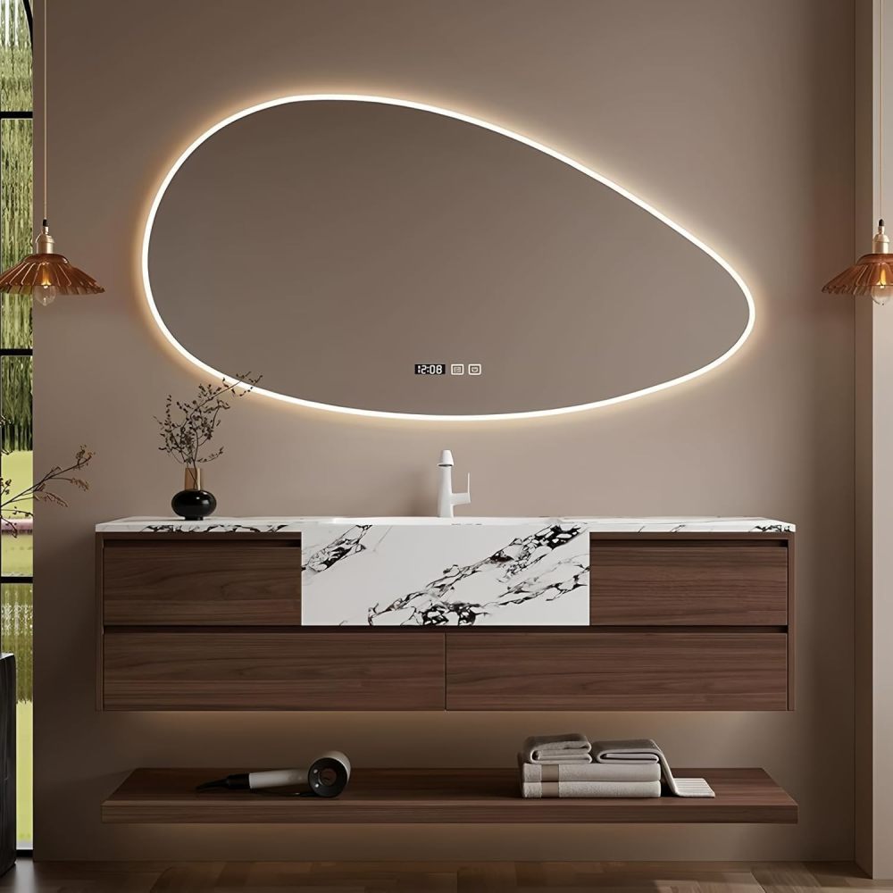80IN Floating Bathroom Vanity with Sink - Solid Wood Vanity with Smart Defogging Mirror & Marble Rock Plate Basin, Large Storage Drawer, Includes Accessories, Walnut A