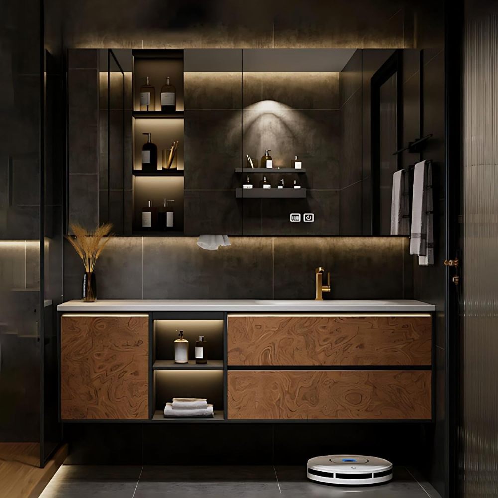 60IN Bathroom Vanity - Luxury Bathroom Vanity with Smart Defog Mirror, One-Touch Defog, Floating Bathroom Sink Cabinet with 2 Drawers & Door, No Assembly Required, Coffee - Mirror Cabinet