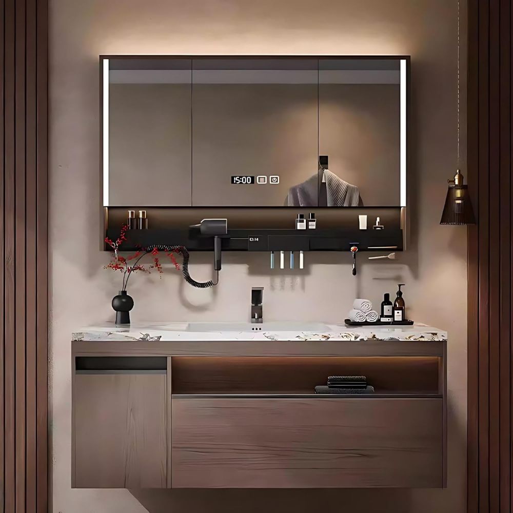 94IN Bathroom Vanity with Sink - Modern Bathroom Vanity with Smart Defog Mirror, Solid Wood Sink Cabinet with Multiple Storage Areas, Complete Accessories, No Assembly Required