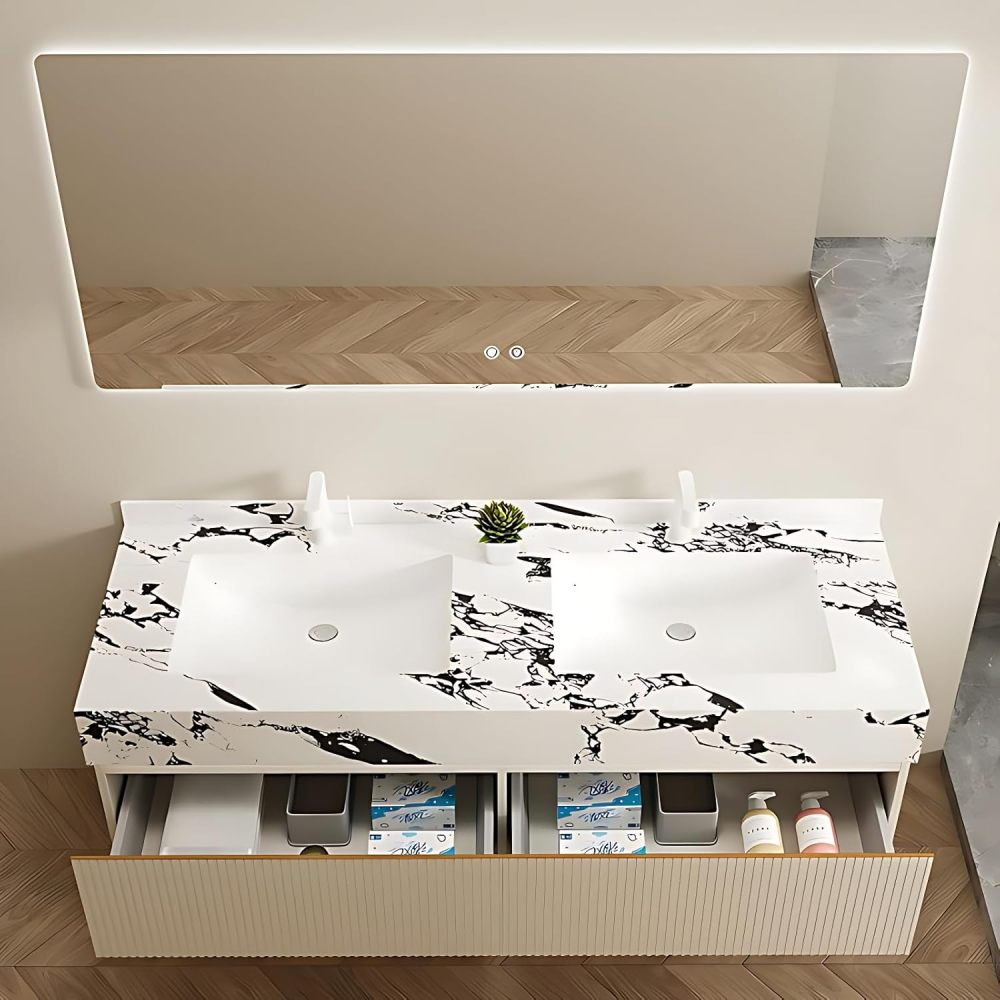 Bathroom Vanity with Sink - Double Sink Bathroom Vanity & Smart Defog Mirror Set | Wall Mount | Multi-Layer Solid Wood Material | Dual Zone Design (100")