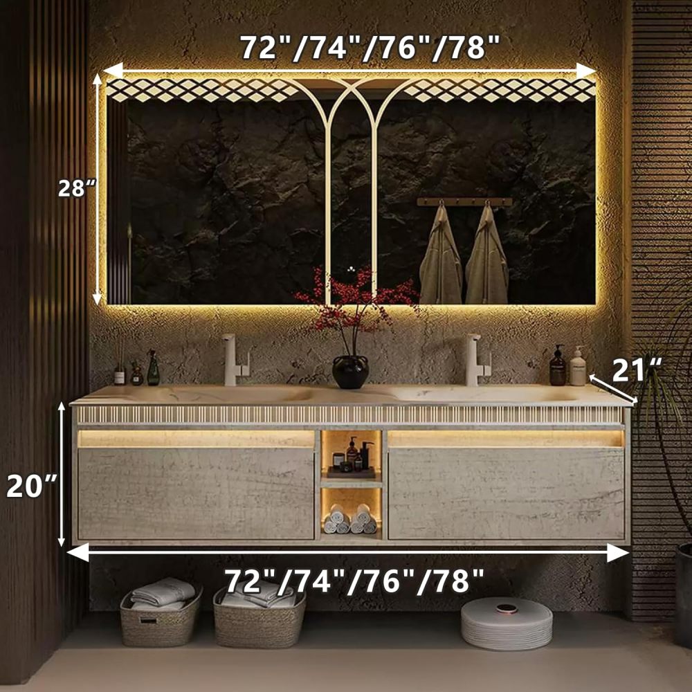 72IN Double Sink Bathroom Vanity - Bathroom Vanity with Anti-Fog Mirror, Solid Wood Sink Cabinet with Drawers, Complete Accessorie, Fully Assembled