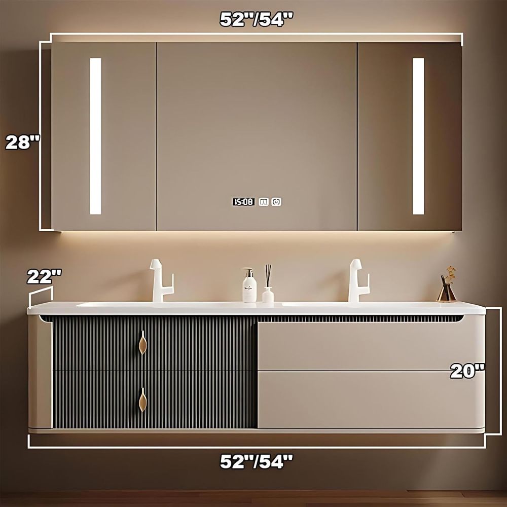 52IN Bathroom Vanity Double Sink - Wall Mount Bathroom Vanity with Double Sink, Includes Anti-Fog Mirror Cabinet and Complete Accessorie, Solid Wood, Fully Assembled, Khaki