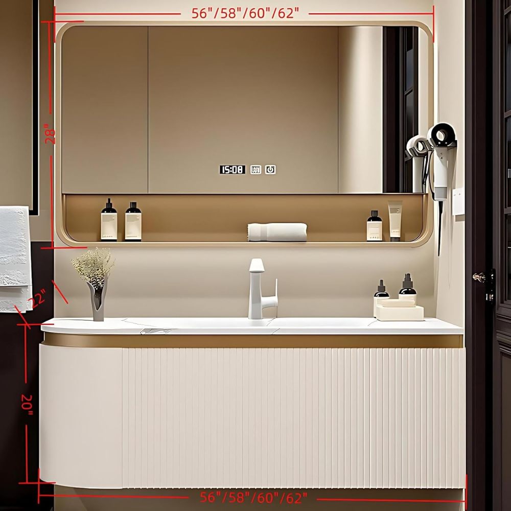 58IN Floating Bathroom Vanity with Sink - Elegant Vanity Sink Cabinet with LED Smart Defogging Mirror and Open Shelf, Striped Drawer, Integrated Sink, Includes Accessories, White