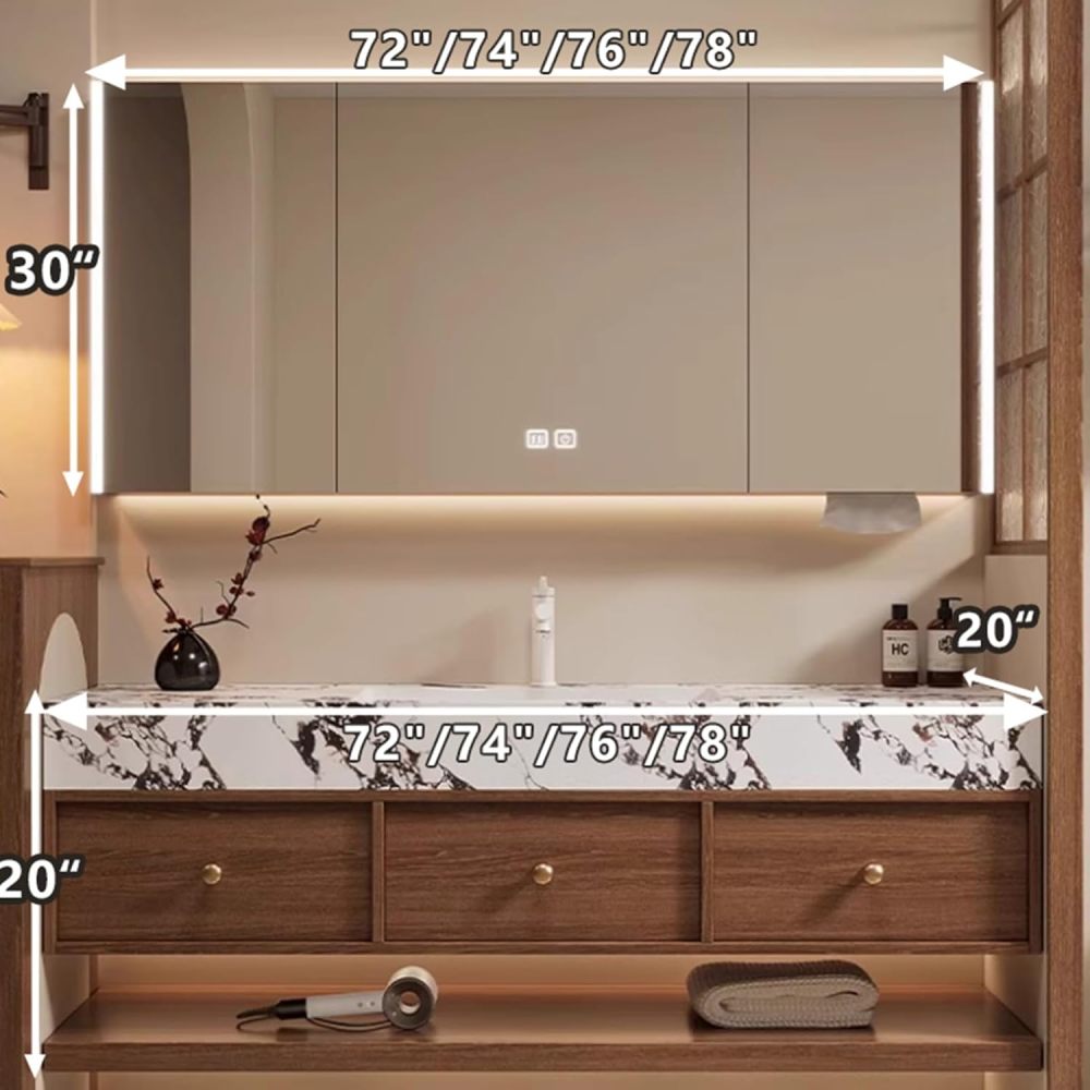 72IN Floating Bathroom Vanity with Sink - Bathroom Sink Cabinet with Seamless Basin & Smart Anti-Fog Mirror, Complete Accessories, Fully Assembled, Wood B
