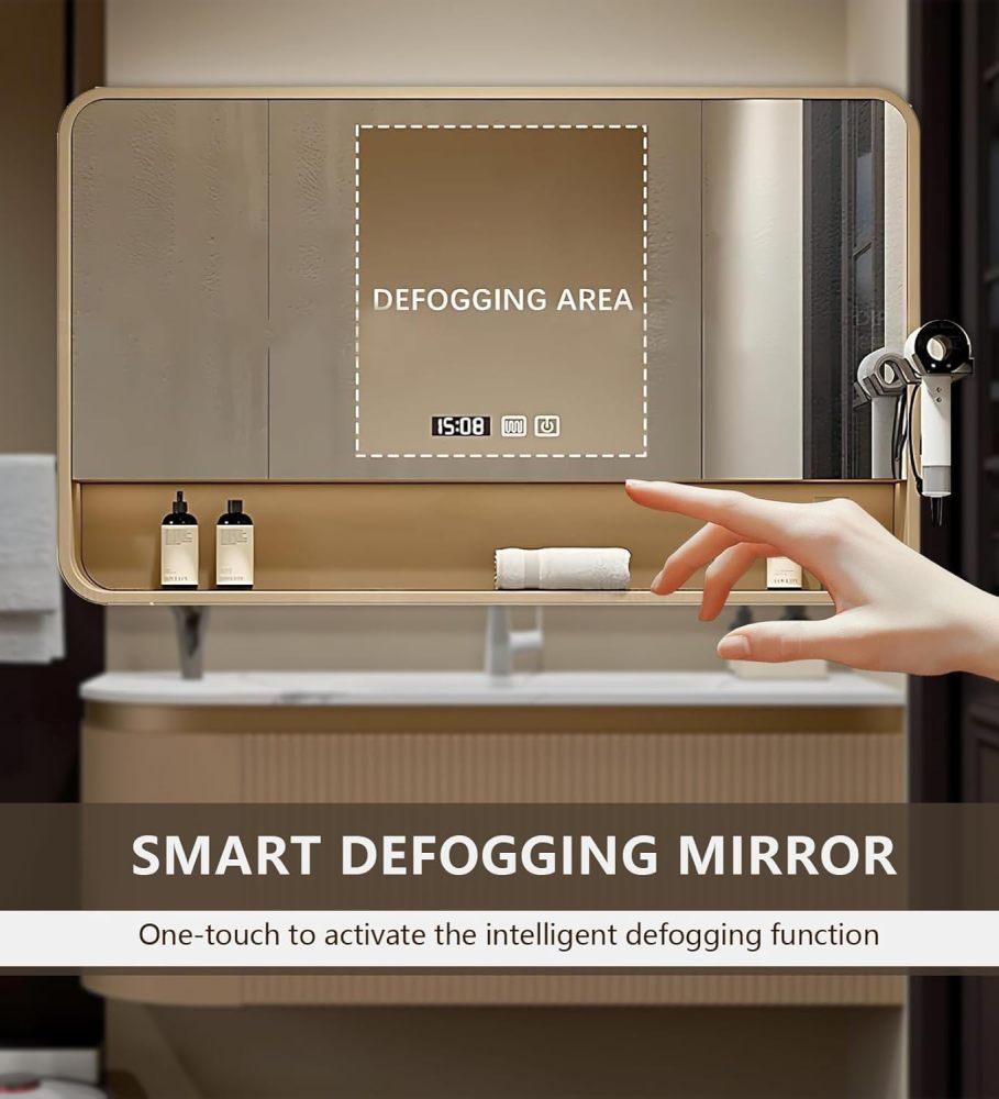 58IN Floating Bathroom Vanity with Sink - Elegant Vanity Sink Cabinet with LED Smart Defogging Mirror and Open Shelf, Striped Drawer, Integrated Sink, Includes Accessories, White
