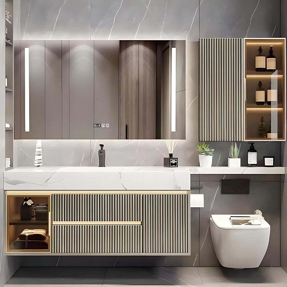 118IN Bathroom Vanity Sink Set - Modern Bathroom Vanity Set Include Smart Defogging Mirror & Side Cabinet & Extended Countertop, Complete Accessorie, Fully Assembled, Gold