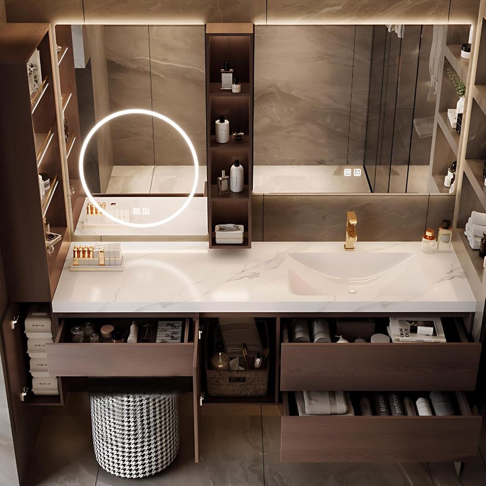 Floating Bathroom Vanity - Modern Bathroom Vanity Set with Seamless Sink & Smart LED Defog Mirror Cabinet, Wall-Mount Makeup Table with Drawers, Includes Makeup Stool (Off-White, 68IN)