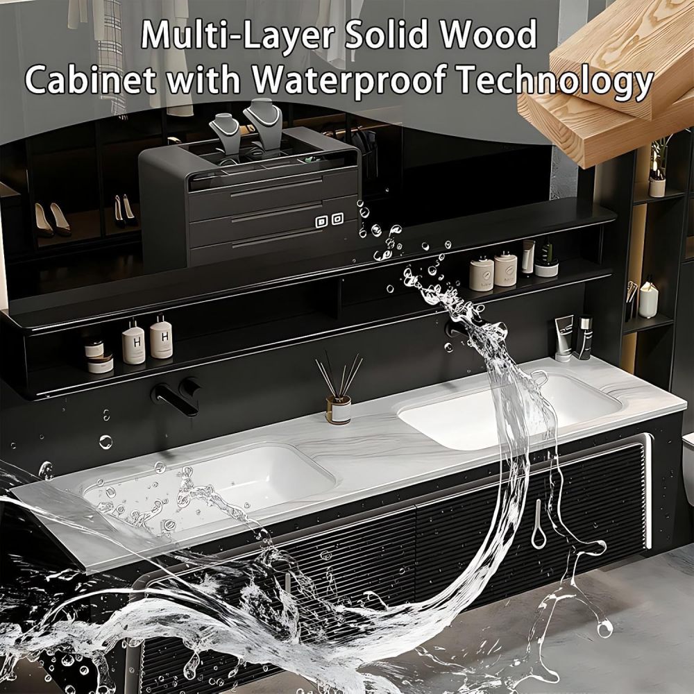 60IN Bathroom Vanity - Luxury Bathroom Vanity with Smart Defog Mirror, One-Touch Defog & Lighting, Floating Sink Cabinet with 2 Large Capacity Drawers, No Assembly Required, Dark Gray