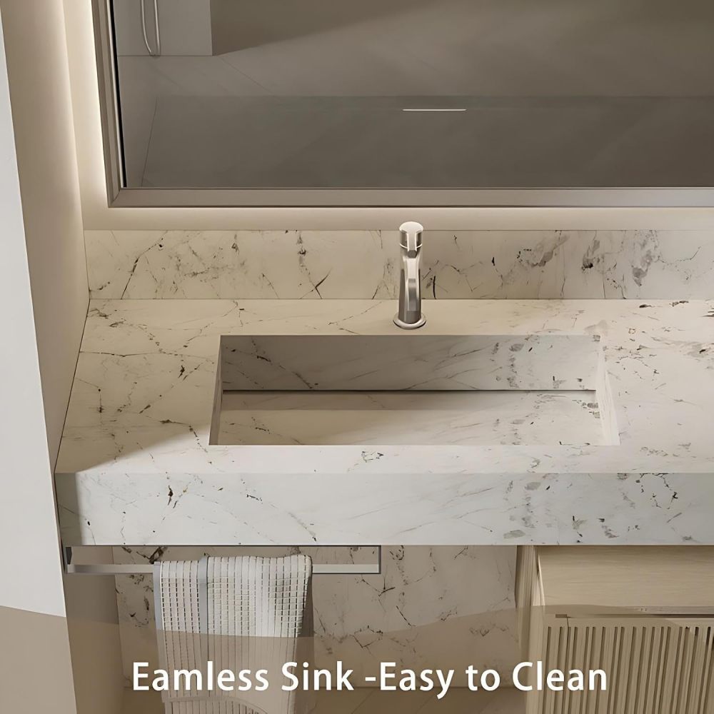 60IN Bathroom Vanity - Modern Bathroom Vanity with Smart Defog Mirror, One-Touch Defog & Lighting, Solid Wood Floating Sink Cabinet with Multiple Storage Areas, No Assembly Required