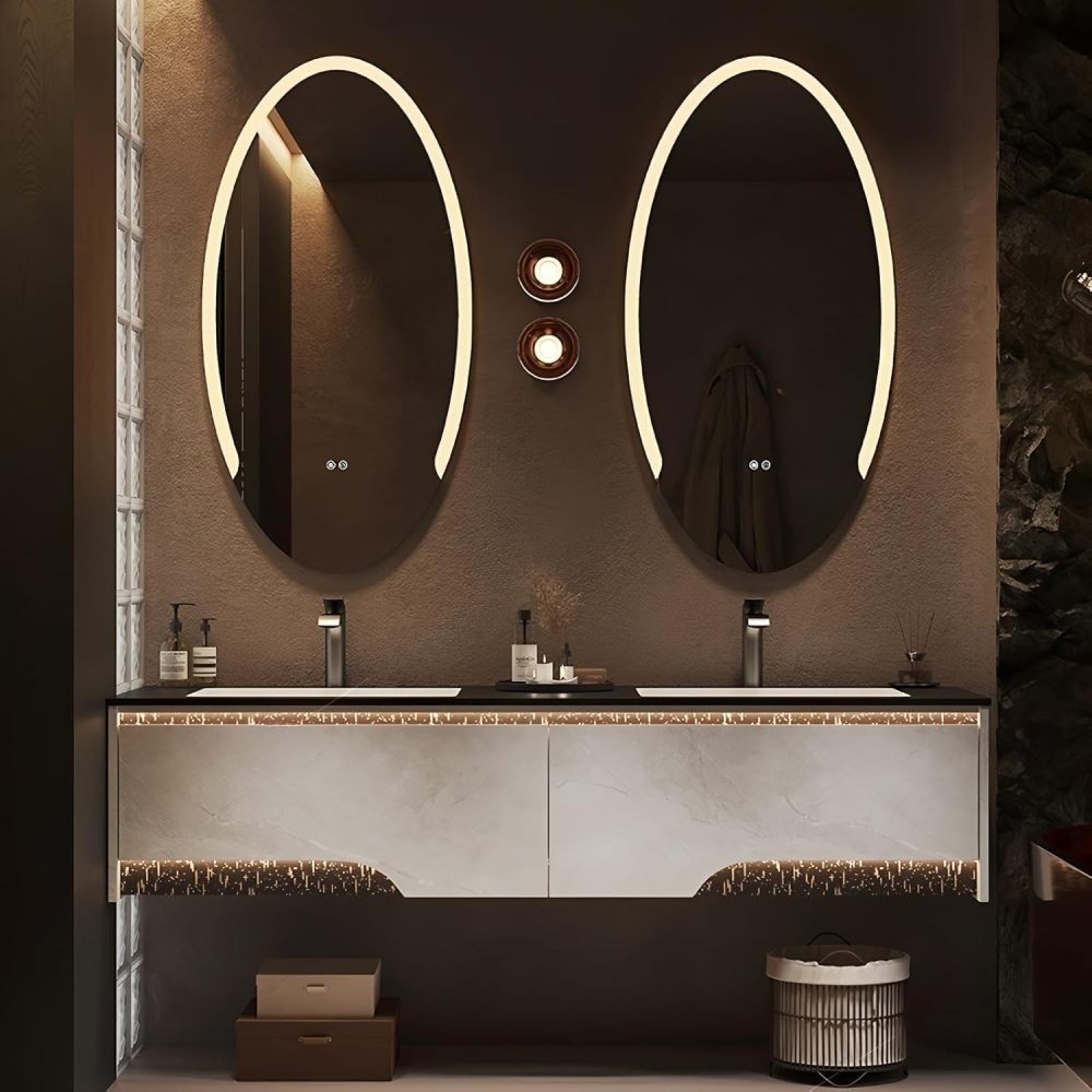 66IN Double Sink Bathroom Vanity - Floating Solid Wood Sink Cabinet, Two Oval Defog Mirrors & Integrated Sink Countertop, Bathroom Vanity with Light, Includes Accessories, Modern White