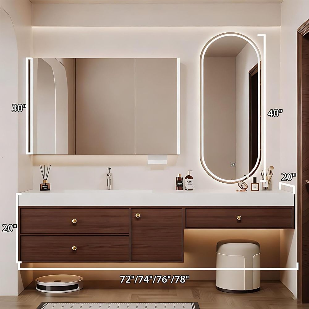 72IN Bathroom Vanity with Sink - Bathroom Vanity with Makeup Area Defog Mirror & 3 Drawers, Seamless Sink, Complete Accessories, Fully Assembled, Includes Makeup Stool, Wood