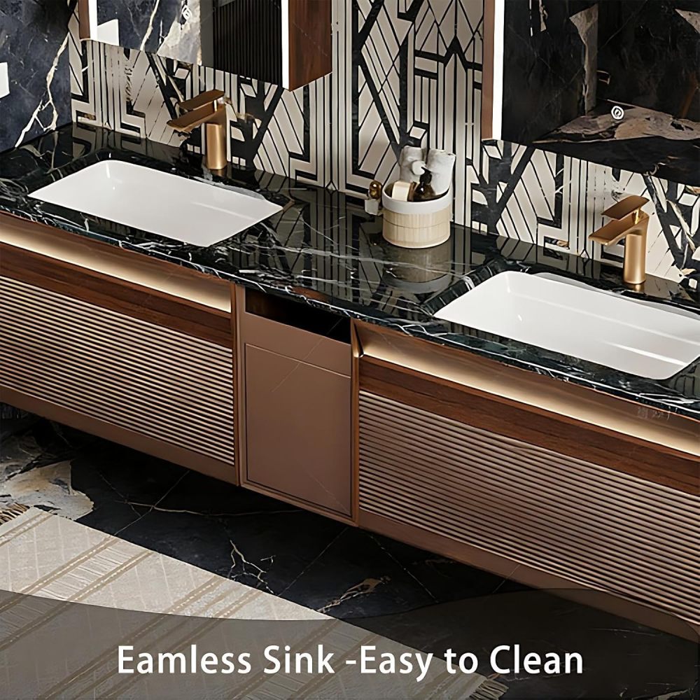 60IN Double Sink Bathroom Vanity - Luxury Bathroom Vanity with Smart Defog Mirror, Floating Sink Cabinet with Multiple Storage Areas, No Assembly Required, Brown - Mirror