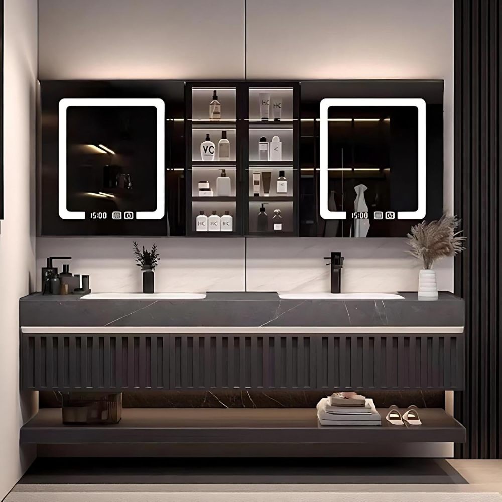 60IN Bathroom Vanity - Wall Mounted Bathroom Vanity with Seamless Double Sink and Smart Anti-Fog Mirror Cabinet, Modern Sink Cabinet with 3 Drawers, Black - Mirror Cabinet