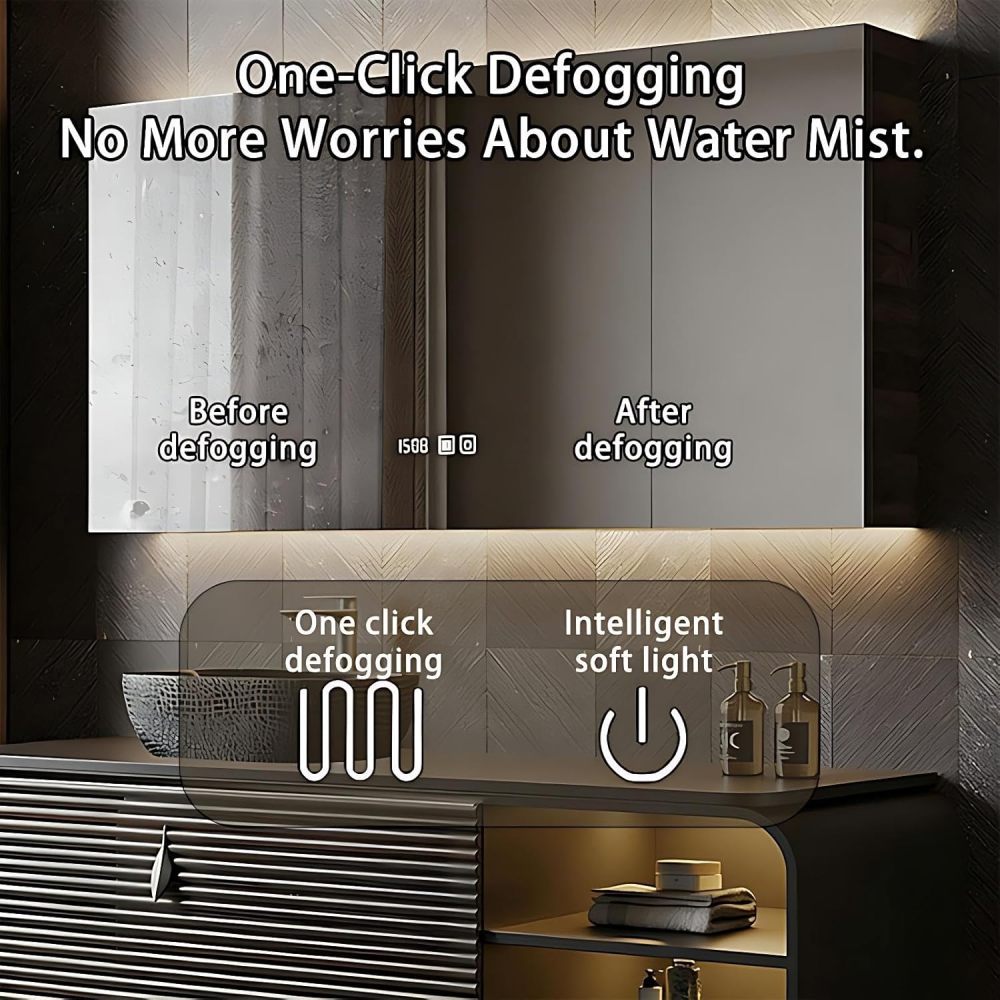 60IN Bathroom Vanity - Luxury Bathroom Vanity with Smart Defog Mirror, One-Touch Defog & Lighting, Floating Sink Cabinet with Drawers and Open Storage Spaces, No Assembly Required
