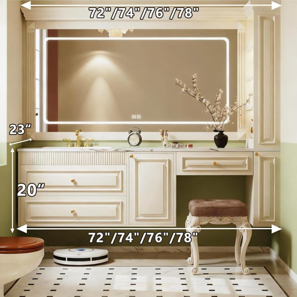 72IN Bathroom Vanity with Sink - Floating Bathroom Sink Cabinet with Makeup Area, LED Anti-Fog Mirror, Fully Assembled, Complete Accessories, Includes Makeup Stool, White