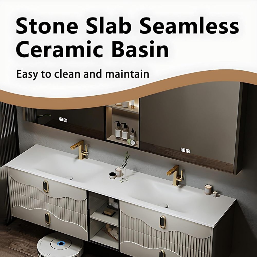 72IN Bathroom Vanity - Modern Floating Bathroom Vanity with Sink, Solid Wood Wall-Mounted Sink Cabinet, Anti-Fog Mirror & Storage, Fully Assembled, Mirror B