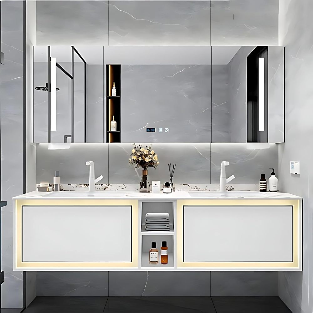 Bathroom Vanity with Sink - Modern Double Sink Bathroom Vanity & Smart Mirror Cabinet Set, Wall Mount | Multi-Layer Solid Wood Material | Suitable for Large Mathrooms(White, 88")