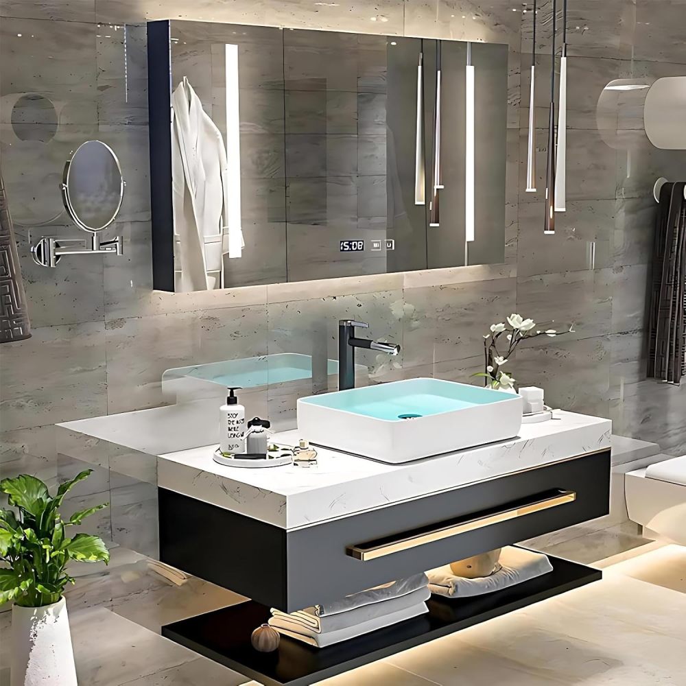74IN Bathroom Vanity Sink Set - Bathroom Vanity with Sink, Stylish Design, Wall Mounted Floating LED Smart Defog Mirror Cabinet, Large Storage Drawer, Complete Accessorie, Black
