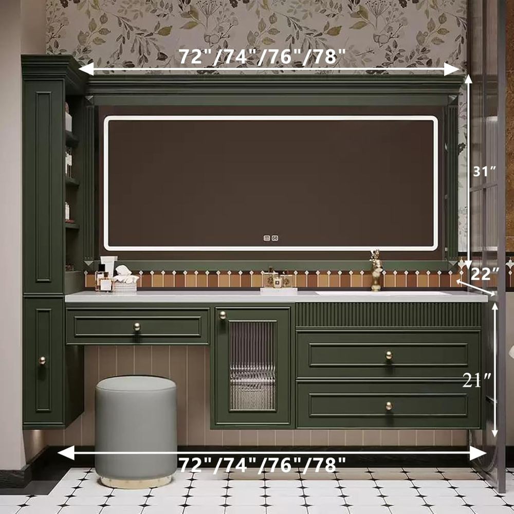 72IN Bathroom Vanity with Sink - Solid Wood Wall-Mount Bathroom Vanity with Ample Storage, Anti-Fog LED Mirror, Custom Options, Complete Accessories, Fully Assembled, Green