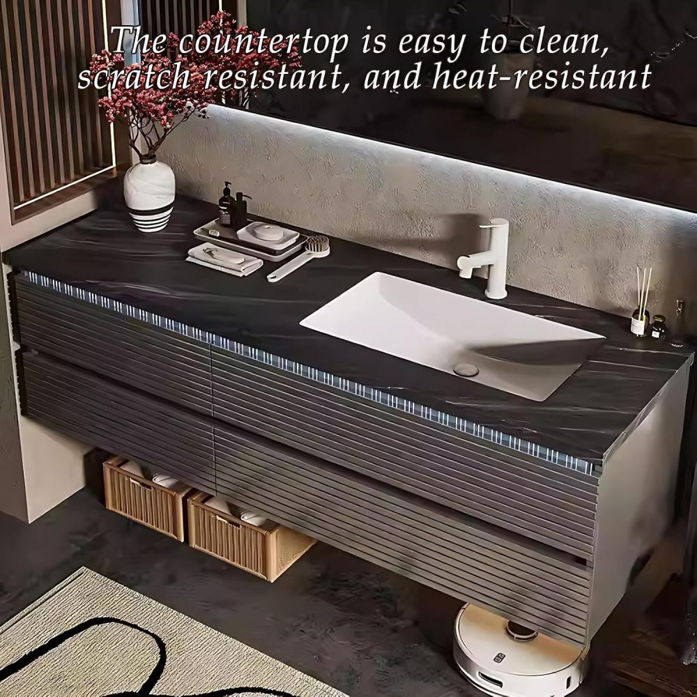 72IN Floating Bathroom Vanity with Sink - Smart Anti-Fog Mirror, 4-Drawer Solid Wood Storage Sink Cabinet, Seamless Basin, Complete Accessories, Fully Assembled, Grey