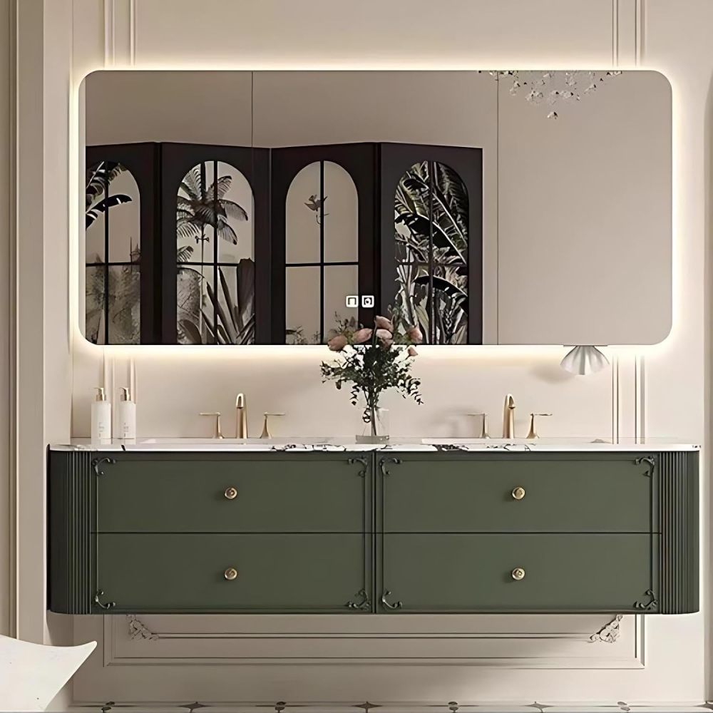 72IN Double Sink Bathroom Vanity - Floating Bathroom Vanity Cabinet with 4 Drawers & Anti-Fog Mirror, Seamless Double Basin Sink Cabinet, Complete Accessories, Fully Assembled, Green B