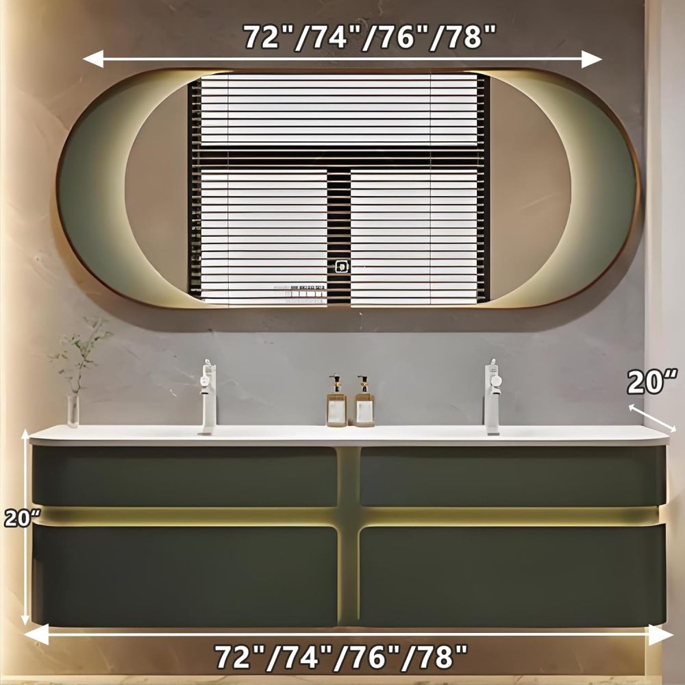 72IN Double Sink Bathroom Vanity - Modern Bathroom Vanity with Smart Light Defog Mirror, Solid Wood Vanity Cabinet with 2 Drawers, Floating Design, Green