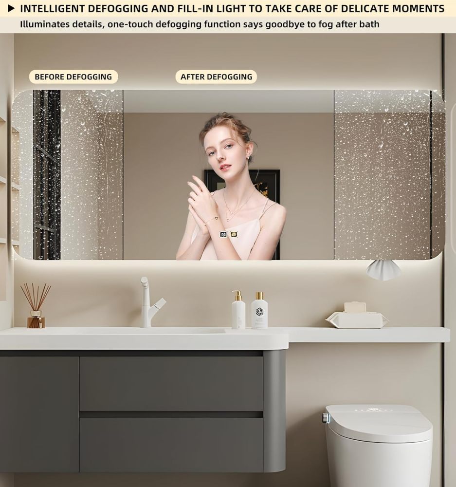 98IN Floating Bathroom Vanity with Sink - Modern Sink Set with Smart Defog Mirror Cabinet & Extended Countertop, Large Storage Space & Soft Closing Doors, Includes Accessories, Grey