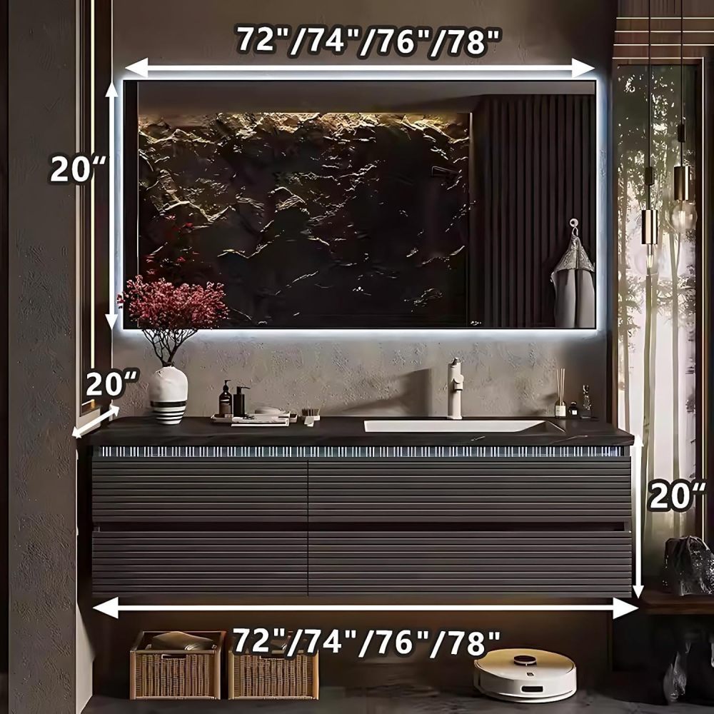 72IN Floating Bathroom Vanity with Sink - Smart Anti-Fog Mirror, 4-Drawer Solid Wood Storage Sink Cabinet, Seamless Basin, Complete Accessories, Fully Assembled, Grey