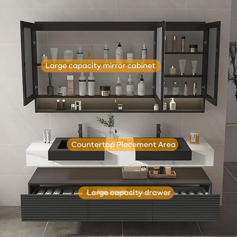 72IN Double Sink Bathroom Vanity - Floating Bathroom Vanity with Mirror Cabinet, Sink Cabinet with One-Piece Countertop, Unique Countertop, Solid Wood, Complete Accessorie, White